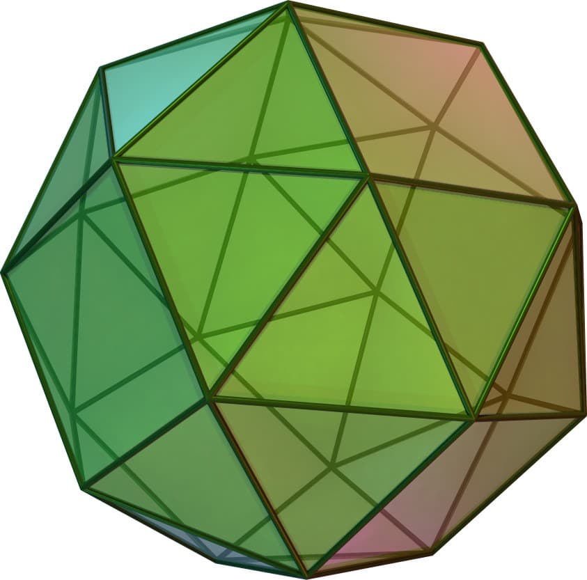 Rendu géométrique du cube adouci (snub cube) en sens horaire